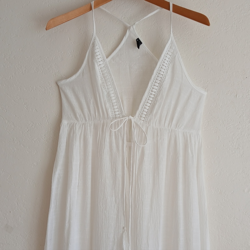 Women’s Swimsuit  Long Cover Up Tie Front White with Crochet Detail Size M White